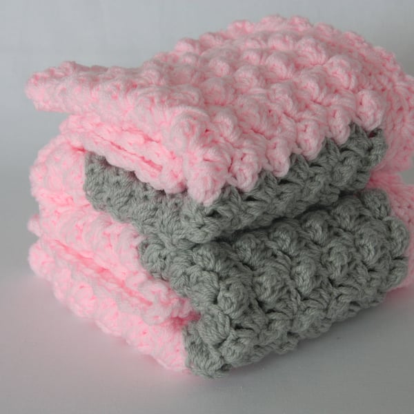 Crochet Baby Blanket in Pink and Grey Ready to Ship