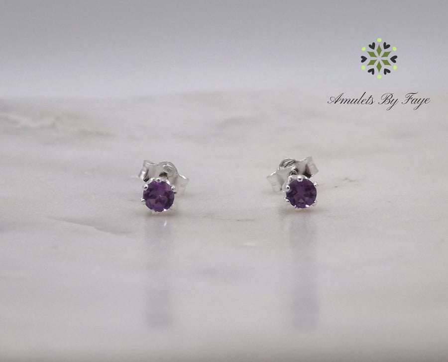 African Amethyst Facet 3mm Gemstone 6 Prong Facet Sterling Silver Stud Earrings.