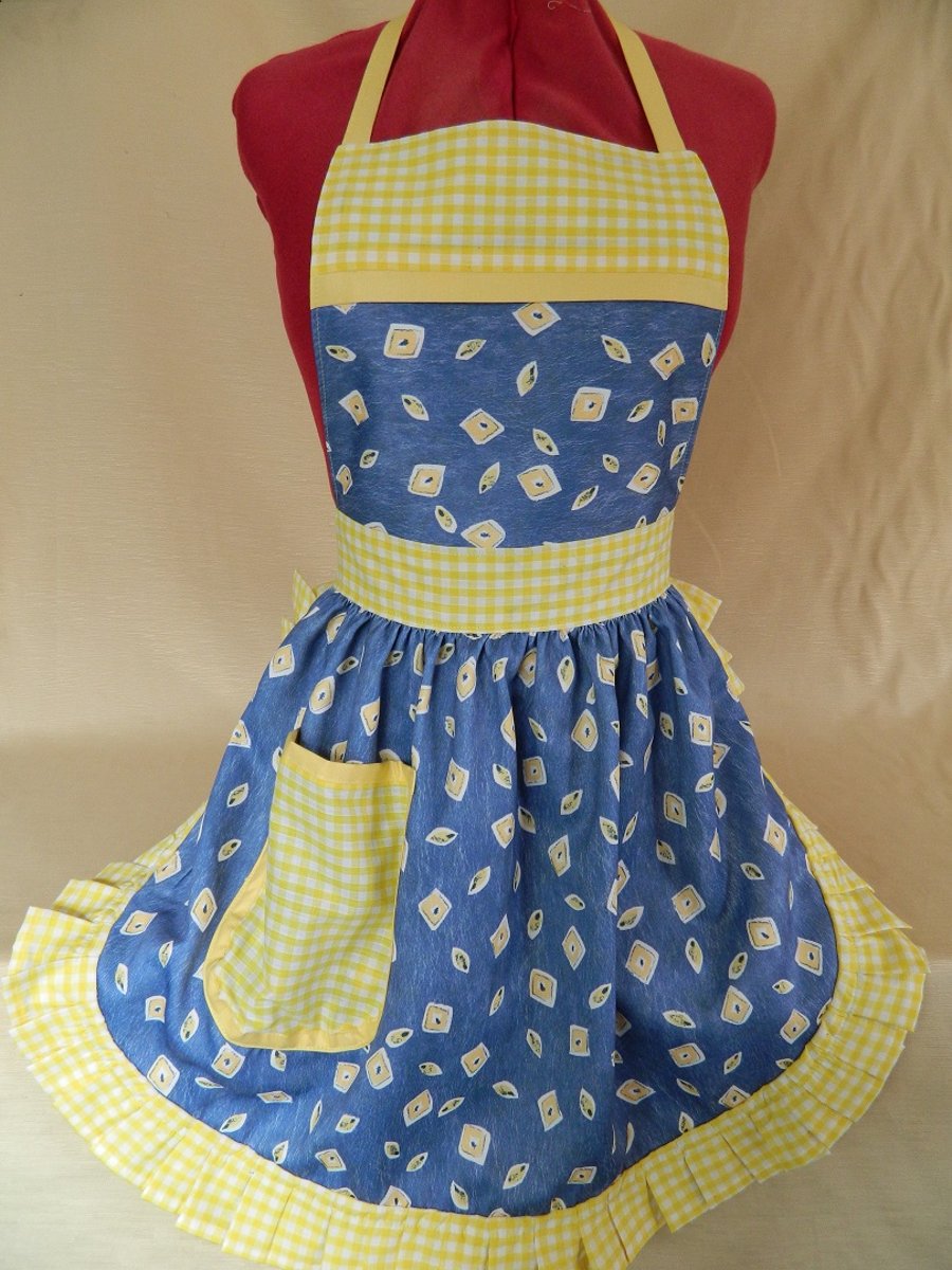 Vintage 50s Style Full Apron Pinny - Blue & Yellow