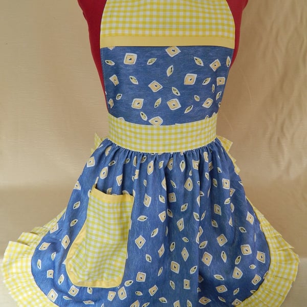 Vintage 50s Style Full Apron Pinny - Blue & Yellow