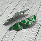 Aluminium Stud Earrings, Half Oval Folded Design, Leaf Floral Pattern, Green
