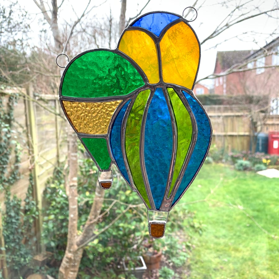 Stained Glass Hot Air Balloons Suncatcher - Handmade Decoration - Blue Green