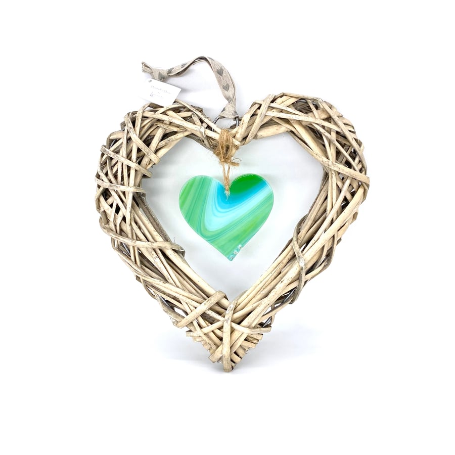 Large Fused Glass & Wicker Hanging Heart -  Green