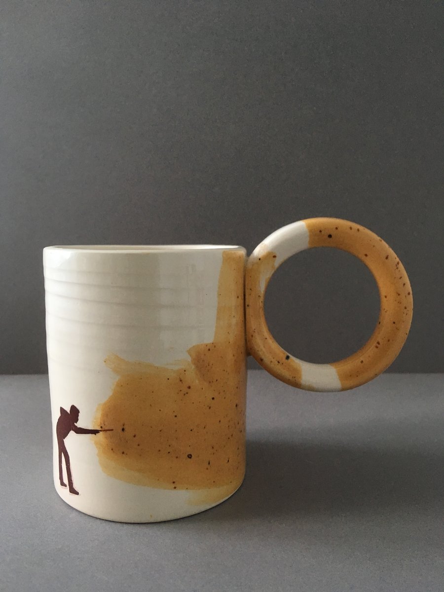 Snooker player mug. Tea cup. Handmade. Pottery wheel. Coffee mug. Donut handle.