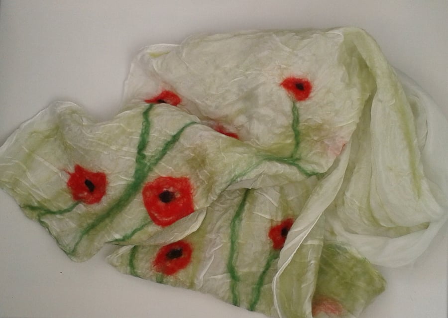 Scarf Nuno felted on silk with Poppy detail