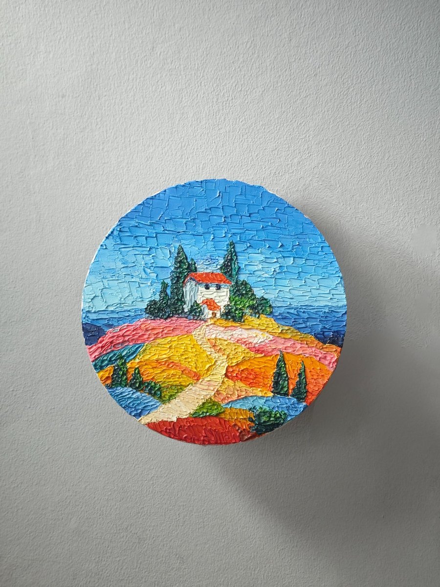 Original Round Impasto Landscape Oil Painting, Framed, diameter 20cm
