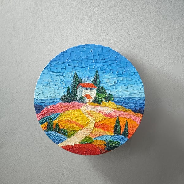 Original Round Impasto Landscape Oil Painting, Framed, diameter 20cm