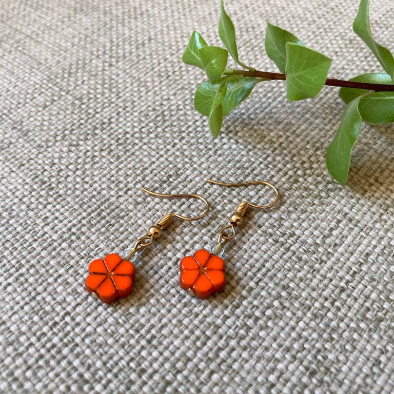 Orange flower earrings, gold-plated, SALE