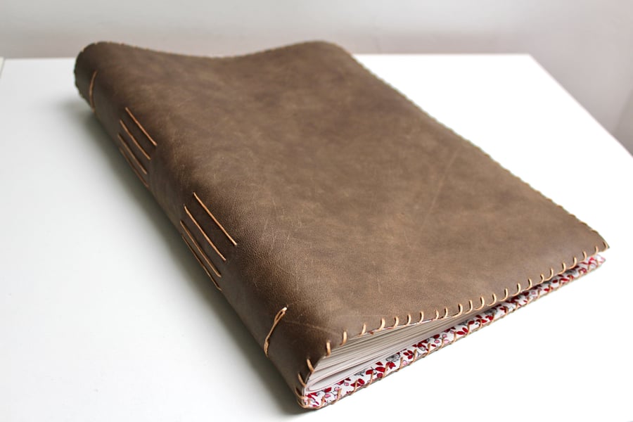 A4 brown leather notebook sketchbook with floral fabric lining 