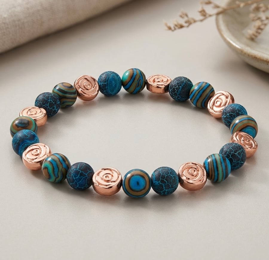 Handmade Blue Stone and Rose Gold Hematite Rose Bracelet 