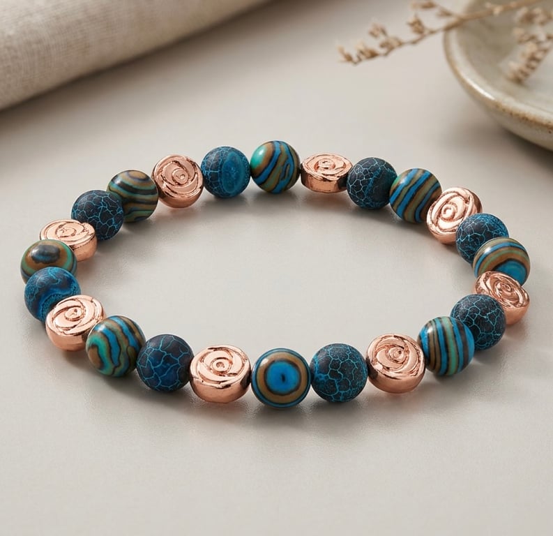 Handmade Blue Stone and Rose Gold Hematite Rose Bracelet 