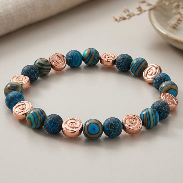 Handmade Blue Stone and Rose Gold Hematite Rose Bracelet 