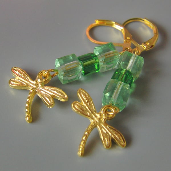  Gold Plated Earrings with Green Glass Cube Beads and a Gold Dragonfly Charm