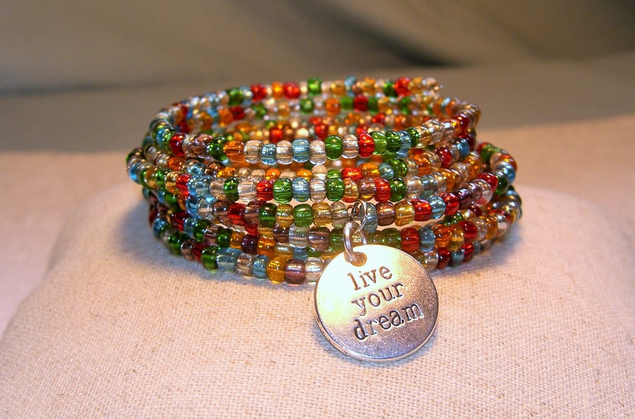 Double Memory Wire Bangle with  " Live Your Dream " Charm