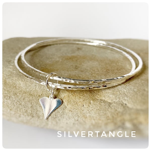 Hallmarked Double Sterling Silver Bangle with Heart Charm 