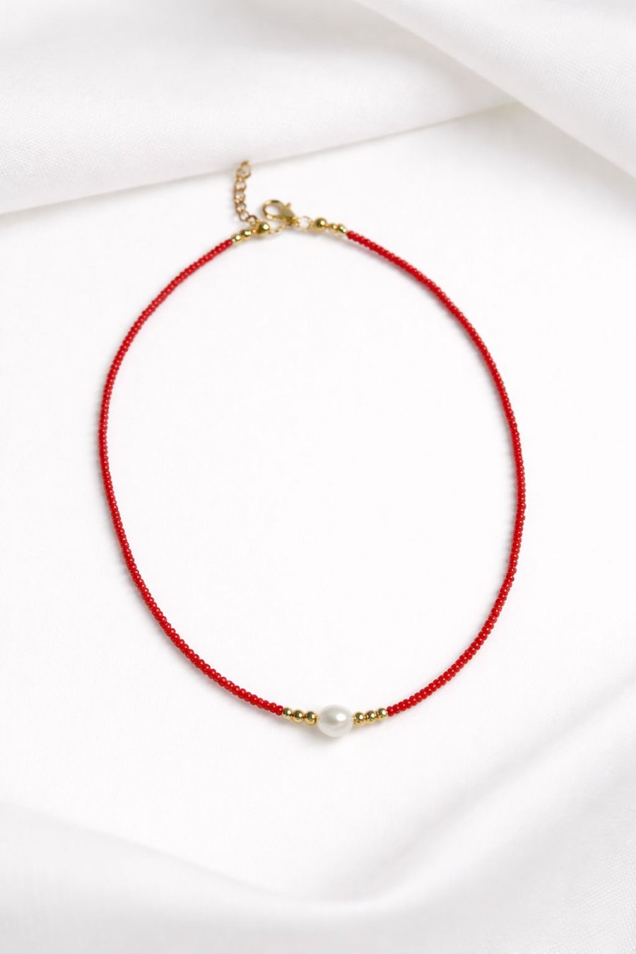 Handmade Red Beaded necklacewith Pearl and Gold Accents