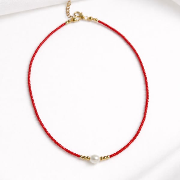 Handmade Red Beaded necklacewith Pearl and Gold Accents