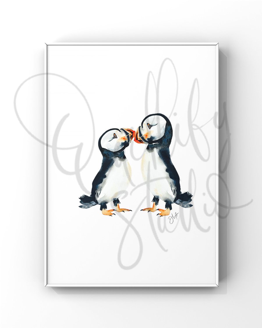 Watercolour Print Puffins Doodle and Splat 