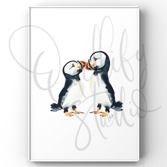 Watercolour Print Puffins Doodle and Splat 