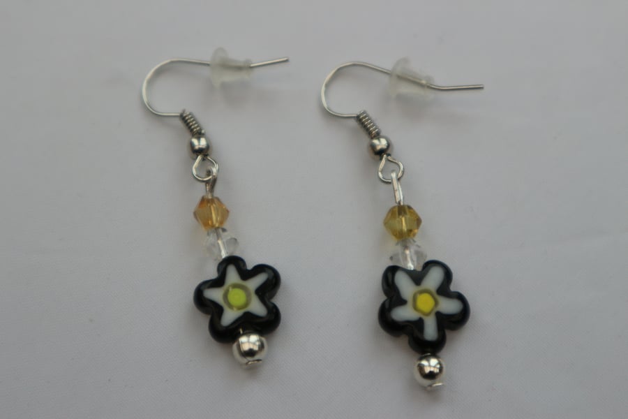 Silver plated beaded earrings- black and white millefiori flower