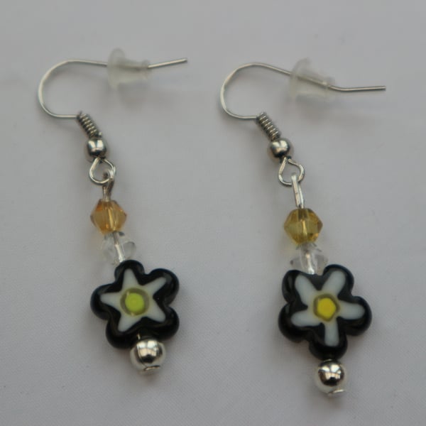 Silver plated beaded earrings- black and white millefiori flower