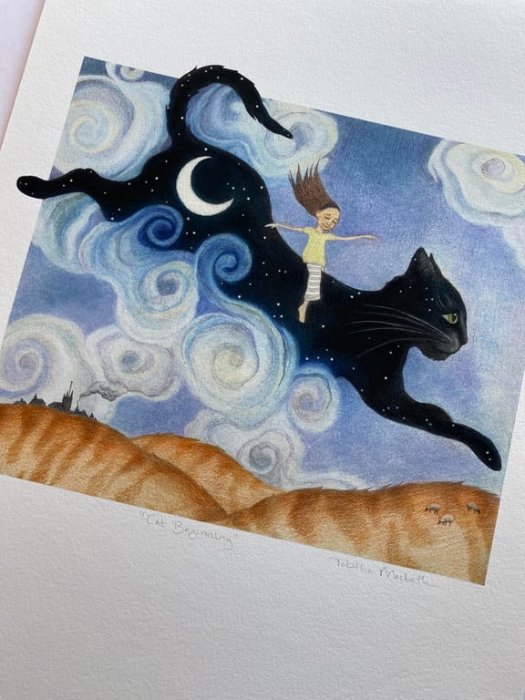 Black Cat Art Print - Fairytale Art, Cat Art print, Giclee print