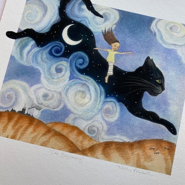 Black Cat Giclee Art Print - 'Cat Beginning'. Fairytale Art, whimsical.