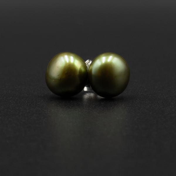 Freshwater pearl olive green stud earrings, pearl jewelry, Gemini gift