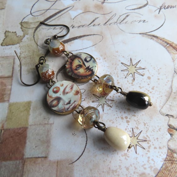 Sun Moon Artisan Ceramic Earrings, Celestial Themed Mismatched Dangle Earrings