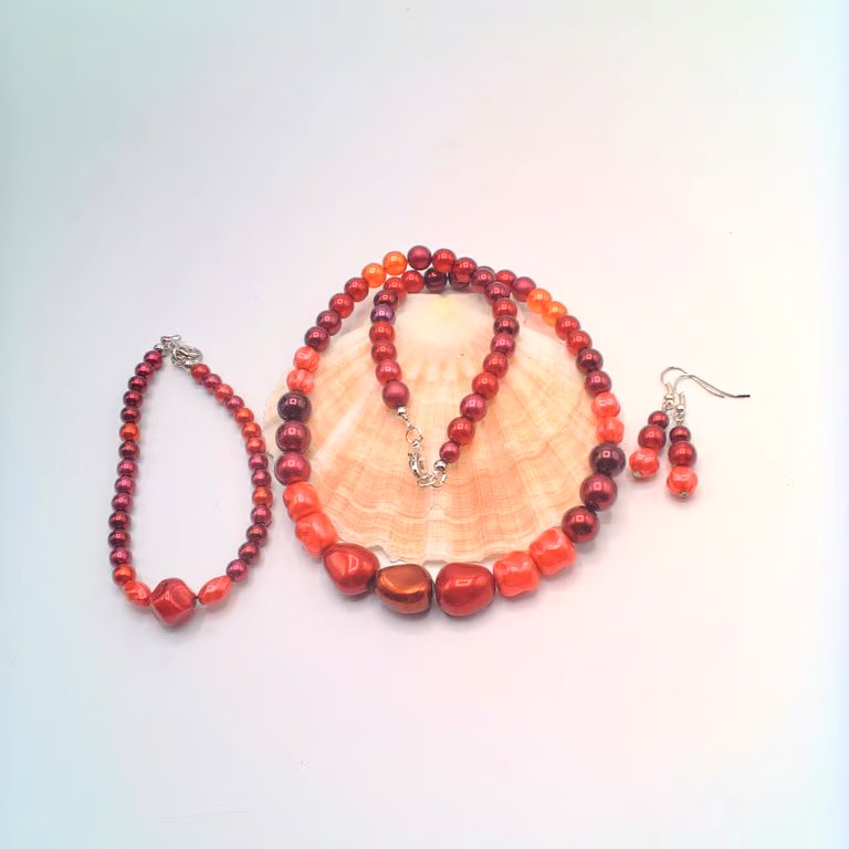 Mixed Strawberry Red Pearl Necklace Bracelet and Earrings, Gift for Her