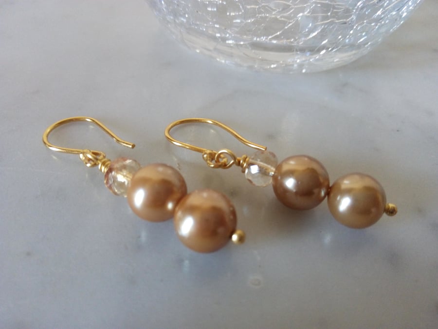 GOLD PEARL  AND CHAMPAGNE EARRINGS - - FREE SHIPPING 