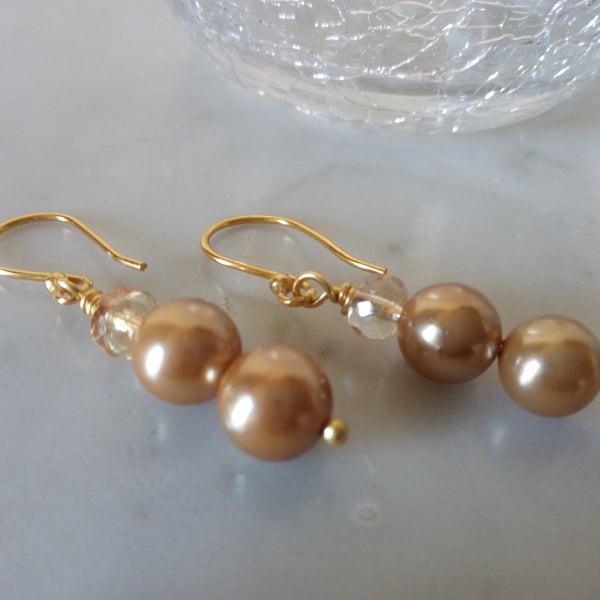 GOLD PEARL  AND CHAMPAGNE EARRINGS - - FREE SHIPPING 