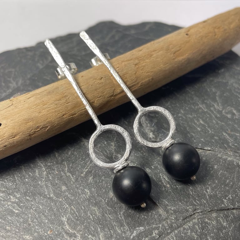 Long silver and black agate stud earrings