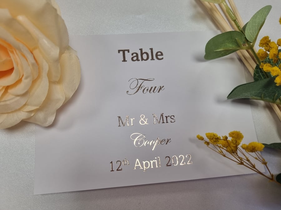 Real foiled wedding table numbers personalised 