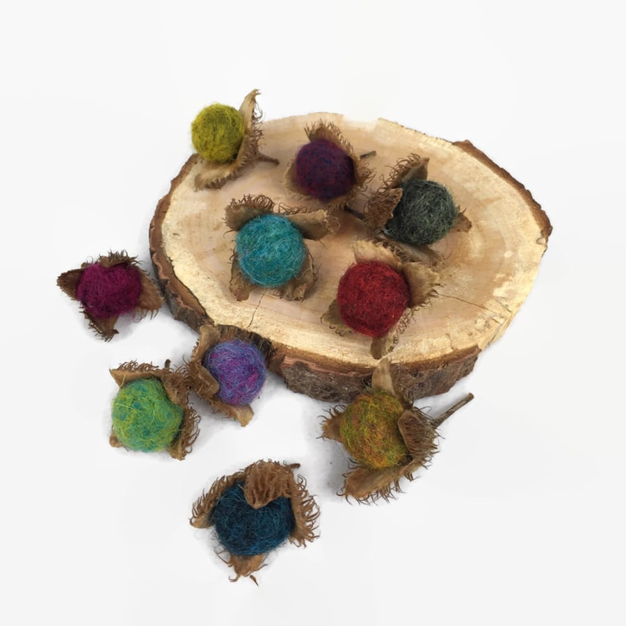 Colourful needle felted beechnuts, home decoration, pack of 10