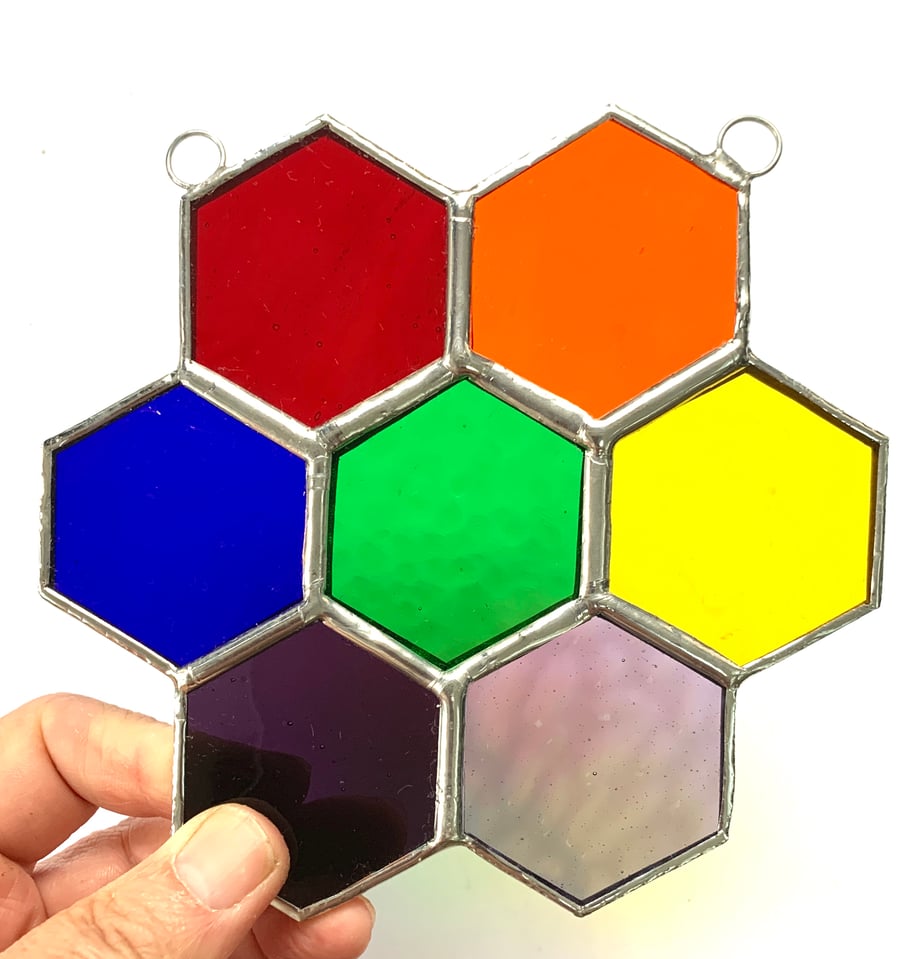Stained Glass Honeycomb Suncatcher - Handmade Window Decoration - Rainbow