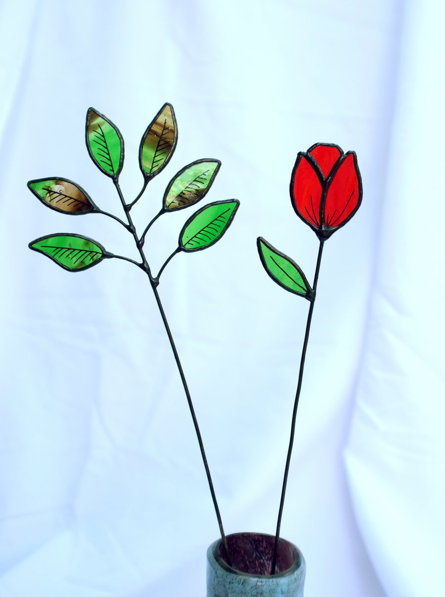 Stained Glass Tulip with Leaf Foliage - Handmade Gift - 2 items