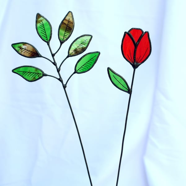 Stained Glass Tulip with Leaf Foliage - Handmade Gift - 2 items