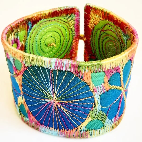 Cuff - Fabric Bracelet with Free Machine Embroidery 