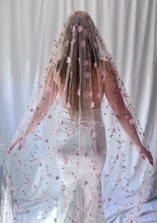 Pink Blossom Wedding Veil, Floral Embroidered Bridal Veil With 3D Flowers