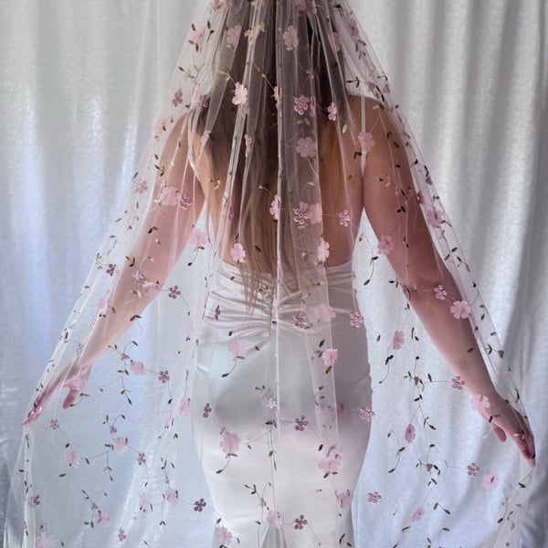 Pink Blossom Wedding Veil, Floral Embroidered Bridal Veil With 3D Flowers