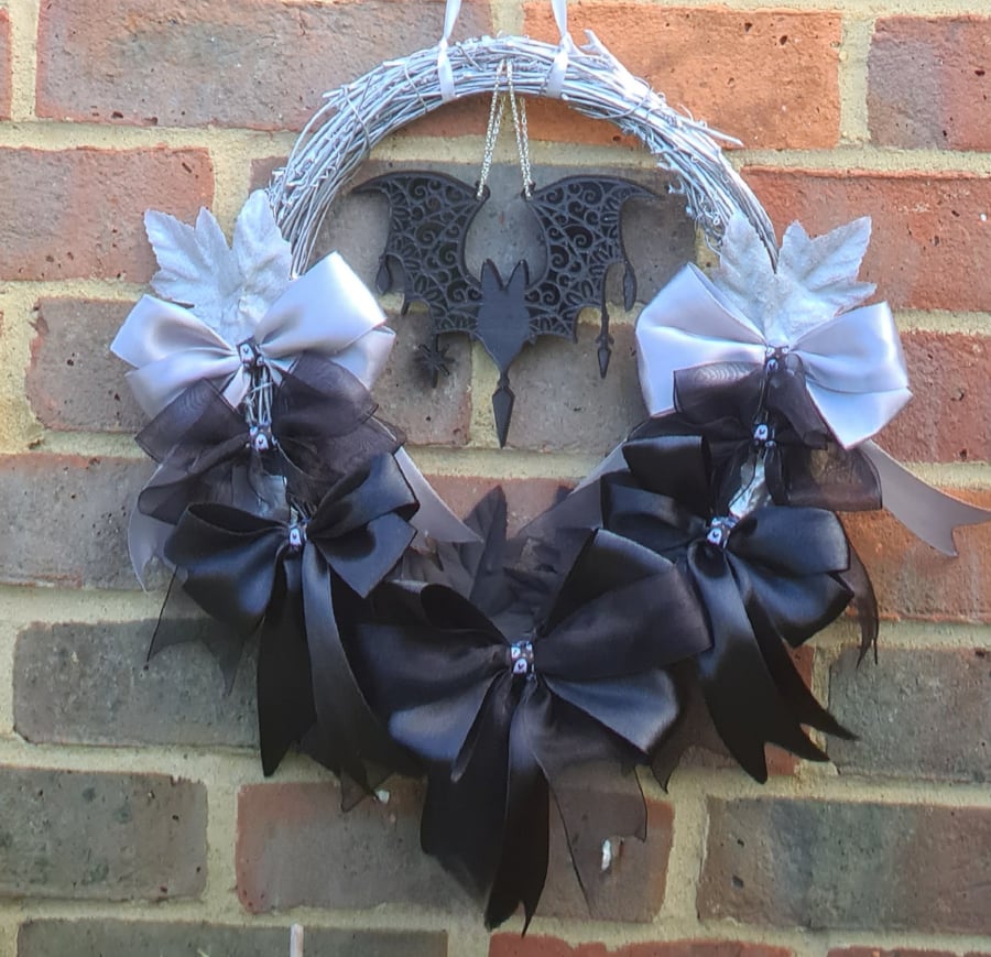 Gorgeous Black and Silver Ribbon Batty Wreath
