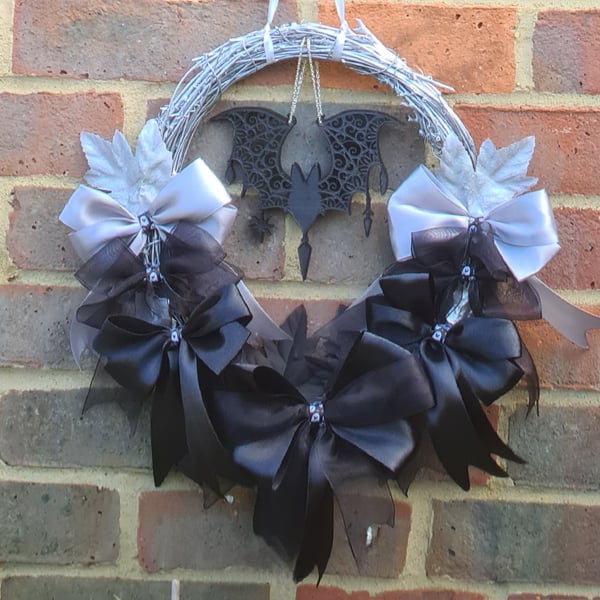 Gorgeous Black and Silver Ribbon Batty Wreath