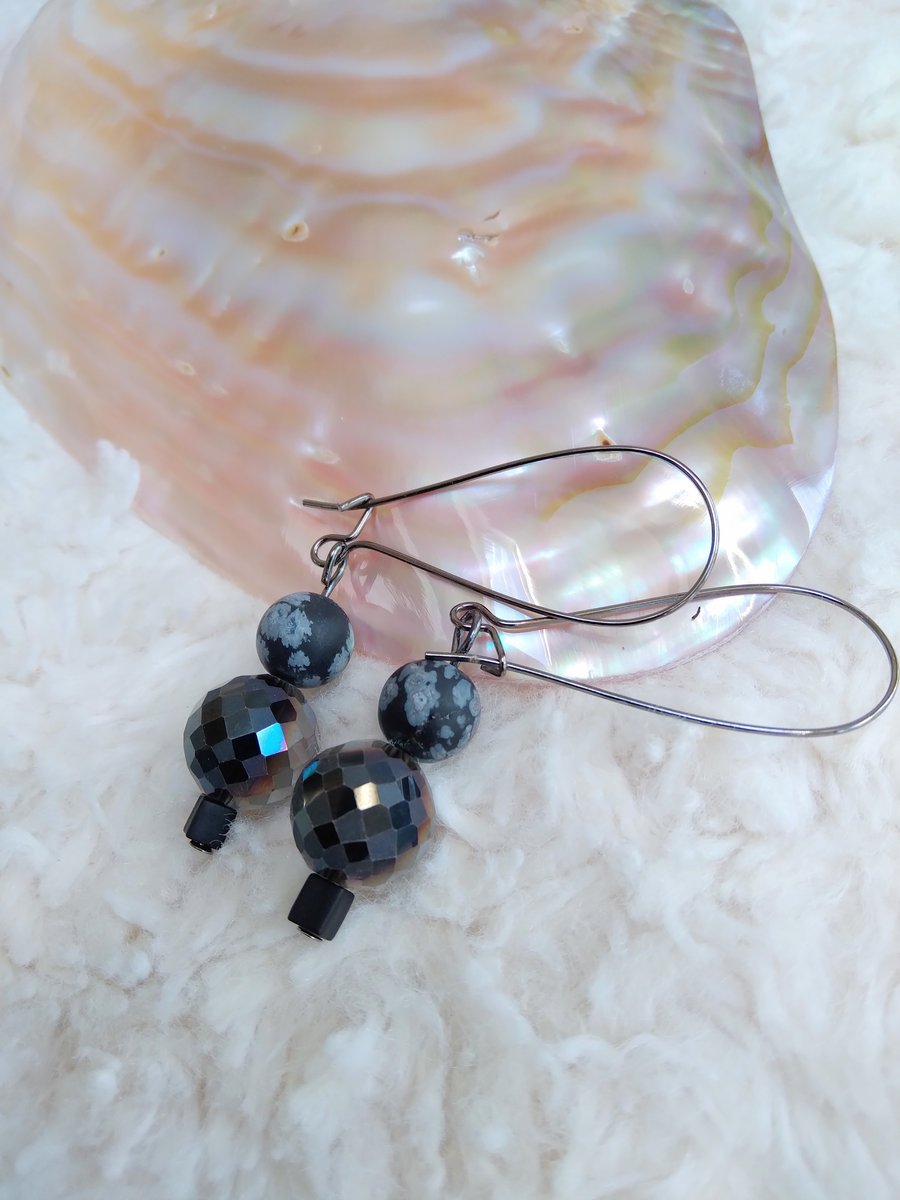 Snowflake OBSIDIAN with Czech coated faceted crystal beaded GUNMETAL earrings