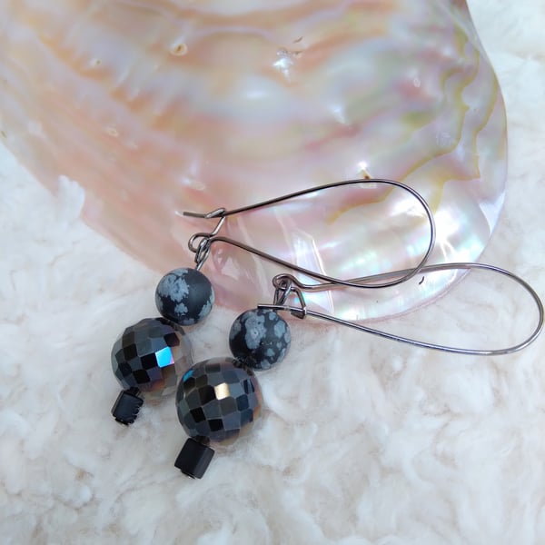 Snowflake OBSIDIAN with Czech coated faceted crystal beaded GUNMETAL earrings