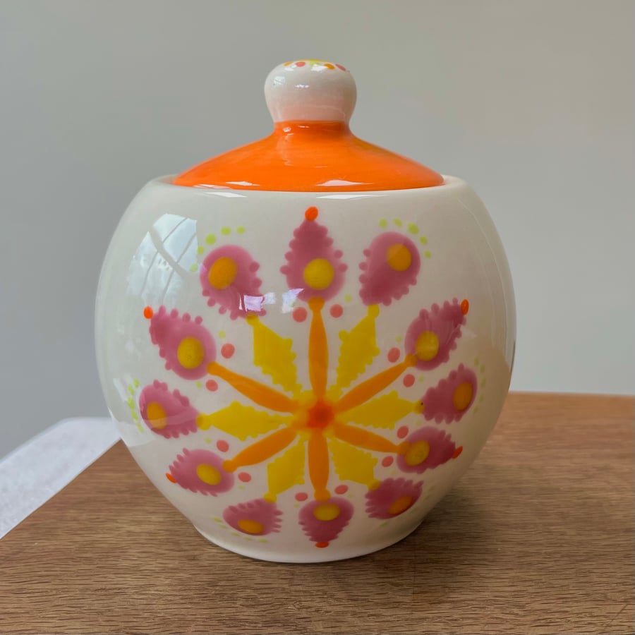 Hand Painted Mandala Ceramic Sugar Bowl, Retro Modern Pottery