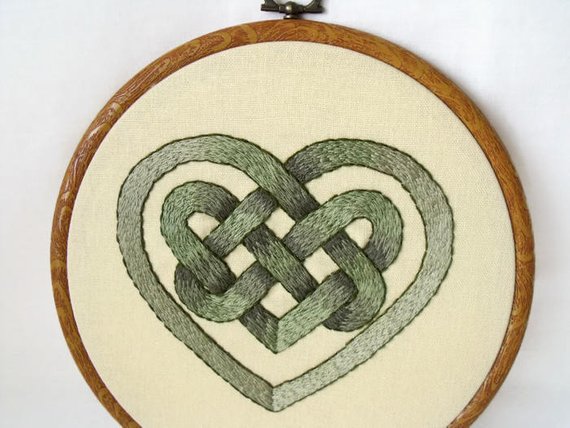 green celtic heart knot work embroidered hoop art wall hanging