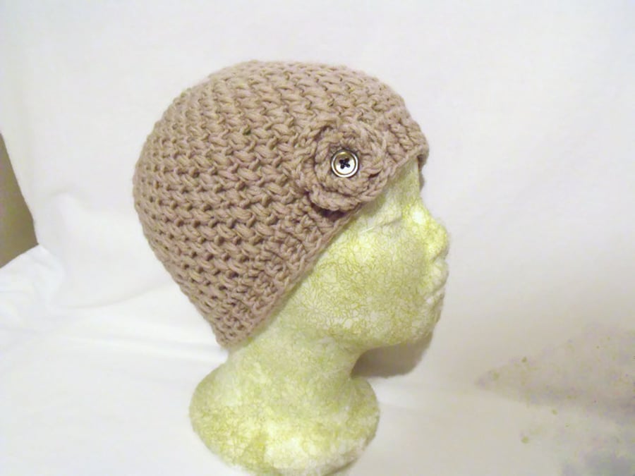 merino beige cloche hat, pure wool ladies flower beanie