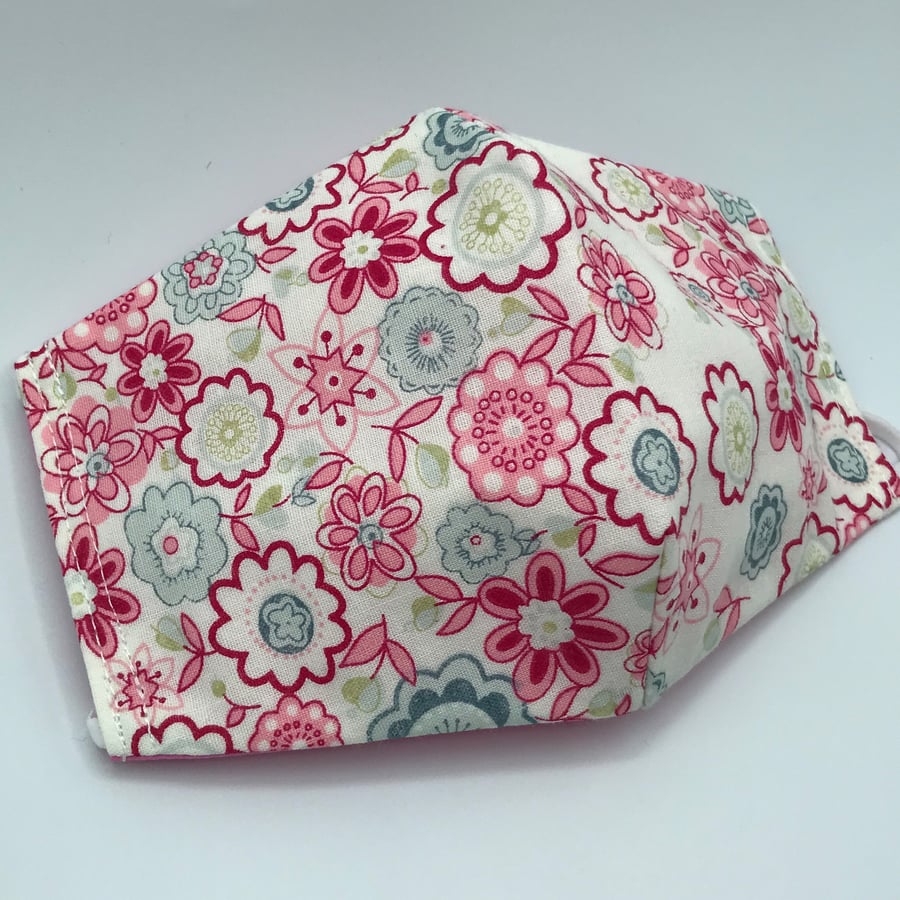 Floral Pink and Blue Face Mask. Triple layered. 100 % Cotton Fabric.