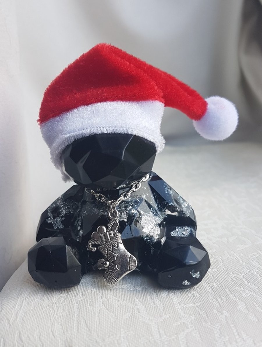 Black and Silver Festive Bear with Stocking Charm and Santa Hat.